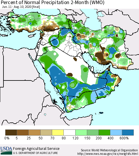Middle East and Turkey Percent of Normal Precipitation 2-Month (WMO) Thematic Map For 6/11/2020 - 8/10/2020