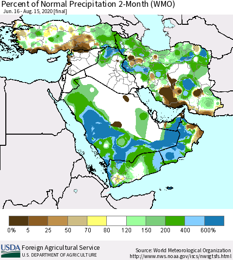 Middle East and Turkey Percent of Normal Precipitation 2-Month (WMO) Thematic Map For 6/16/2020 - 8/15/2020
