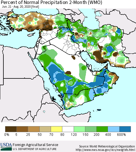 Middle East and Turkey Percent of Normal Precipitation 2-Month (WMO) Thematic Map For 6/21/2020 - 8/20/2020