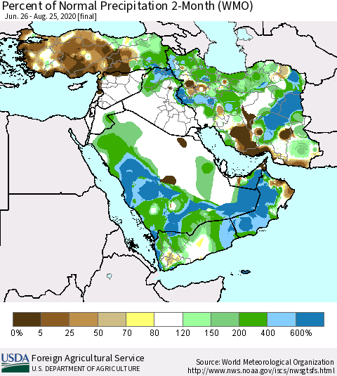 Middle East and Turkey Percent of Normal Precipitation 2-Month (WMO) Thematic Map For 6/26/2020 - 8/25/2020