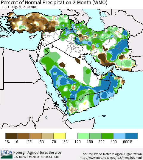 Middle East and Turkey Percent of Normal Precipitation 2-Month (WMO) Thematic Map For 7/1/2020 - 8/31/2020