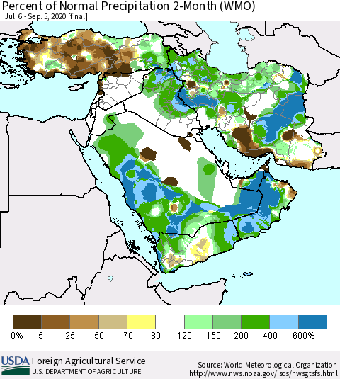 Middle East and Turkey Percent of Normal Precipitation 2-Month (WMO) Thematic Map For 7/6/2020 - 9/5/2020