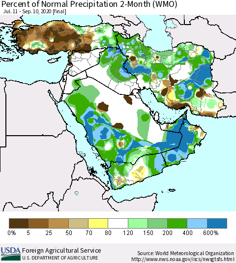Middle East and Turkey Percent of Normal Precipitation 2-Month (WMO) Thematic Map For 7/11/2020 - 9/10/2020