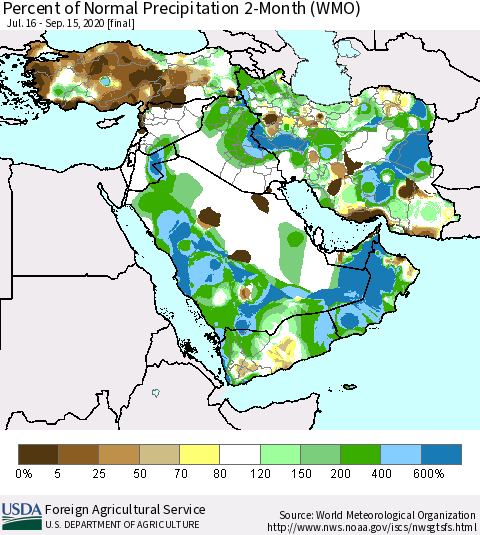 Middle East and Turkey Percent of Normal Precipitation 2-Month (WMO) Thematic Map For 7/16/2020 - 9/15/2020