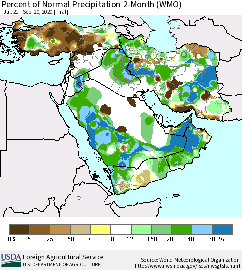 Middle East and Turkey Percent of Normal Precipitation 2-Month (WMO) Thematic Map For 7/21/2020 - 9/20/2020