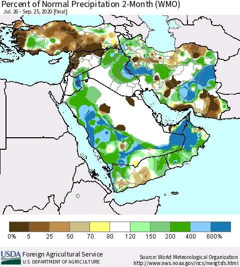 Middle East and Turkey Percent of Normal Precipitation 2-Month (WMO) Thematic Map For 7/26/2020 - 9/25/2020