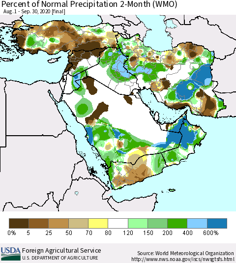 Middle East and Turkey Percent of Normal Precipitation 2-Month (WMO) Thematic Map For 8/1/2020 - 9/30/2020