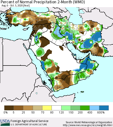 Middle East and Turkey Percent of Normal Precipitation 2-Month (WMO) Thematic Map For 8/6/2020 - 10/5/2020