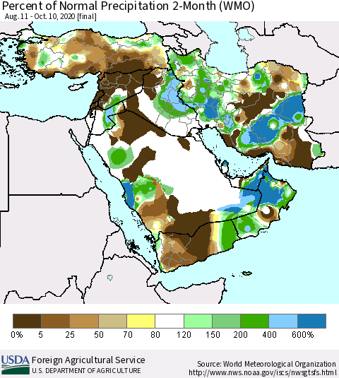 Middle East and Turkey Percent of Normal Precipitation 2-Month (WMO) Thematic Map For 8/11/2020 - 10/10/2020