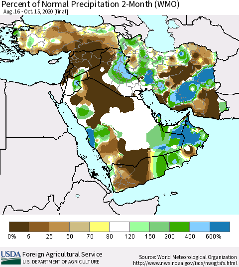 Middle East and Turkey Percent of Normal Precipitation 2-Month (WMO) Thematic Map For 8/16/2020 - 10/15/2020