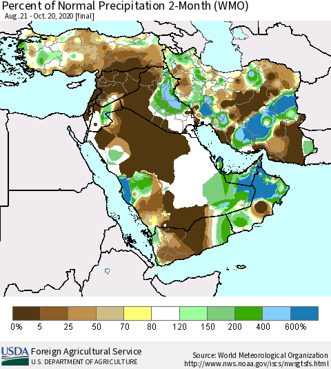 Middle East and Turkey Percent of Normal Precipitation 2-Month (WMO) Thematic Map For 8/21/2020 - 10/20/2020