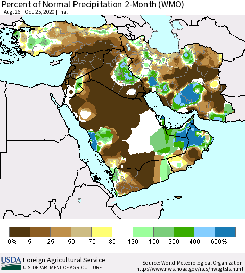 Middle East and Turkey Percent of Normal Precipitation 2-Month (WMO) Thematic Map For 8/26/2020 - 10/25/2020
