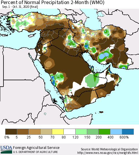 Middle East and Turkey Percent of Normal Precipitation 2-Month (WMO) Thematic Map For 9/1/2020 - 10/31/2020