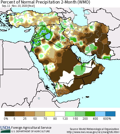 Middle East and Turkey Percent of Normal Precipitation 2-Month (WMO) Thematic Map For 9/11/2020 - 11/10/2020