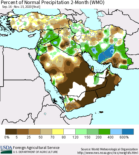 Middle East and Turkey Percent of Normal Precipitation 2-Month (WMO) Thematic Map For 9/16/2020 - 11/15/2020
