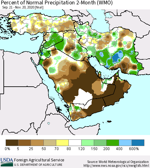 Middle East and Turkey Percent of Normal Precipitation 2-Month (WMO) Thematic Map For 9/21/2020 - 11/20/2020