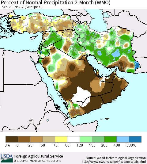 Middle East and Turkey Percent of Normal Precipitation 2-Month (WMO) Thematic Map For 9/26/2020 - 11/25/2020