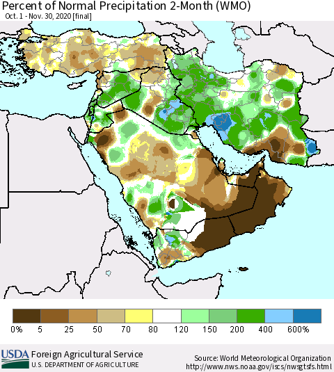 Middle East and Turkey Percent of Normal Precipitation 2-Month (WMO) Thematic Map For 10/1/2020 - 11/30/2020