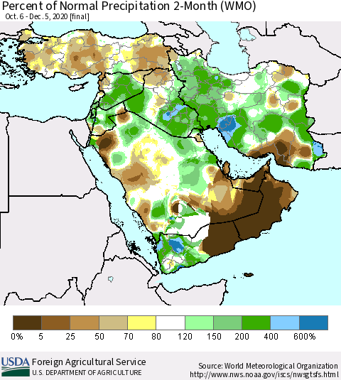 Middle East and Turkey Percent of Normal Precipitation 2-Month (WMO) Thematic Map For 10/6/2020 - 12/5/2020