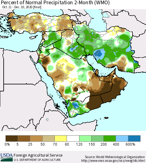 Middle East and Turkey Percent of Normal Precipitation 2-Month (WMO) Thematic Map For 10/11/2020 - 12/10/2020