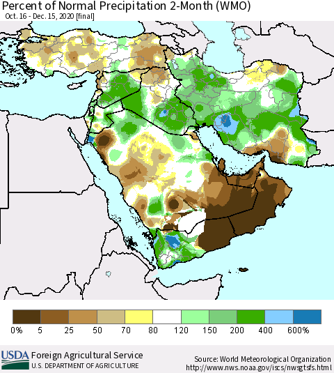 Middle East and Turkey Percent of Normal Precipitation 2-Month (WMO) Thematic Map For 10/16/2020 - 12/15/2020