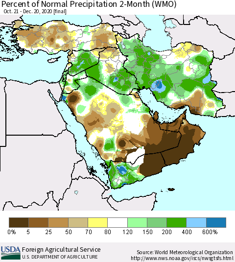 Middle East and Turkey Percent of Normal Precipitation 2-Month (WMO) Thematic Map For 10/21/2020 - 12/20/2020