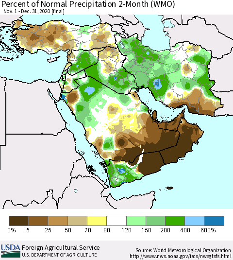 Middle East and Turkey Percent of Normal Precipitation 2-Month (WMO) Thematic Map For 11/1/2020 - 12/31/2020
