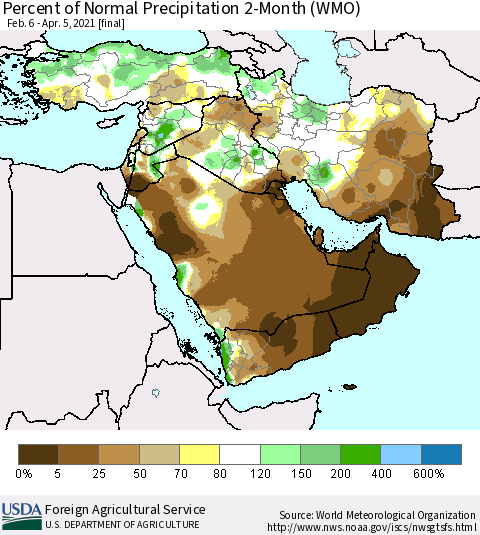 Middle East and Turkey Percent of Normal Precipitation 2-Month (WMO) Thematic Map For 2/6/2021 - 4/5/2021