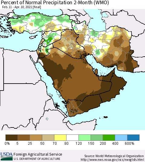 Middle East and Turkey Percent of Normal Precipitation 2-Month (WMO) Thematic Map For 2/11/2021 - 4/10/2021