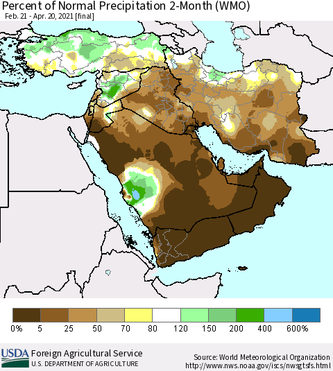 Middle East and Turkey Percent of Normal Precipitation 2-Month (WMO) Thematic Map For 2/21/2021 - 4/20/2021