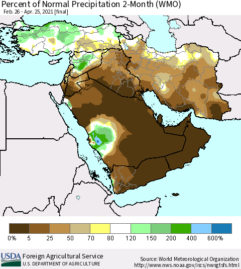 Middle East and Turkey Percent of Normal Precipitation 2-Month (WMO) Thematic Map For 2/26/2021 - 4/25/2021