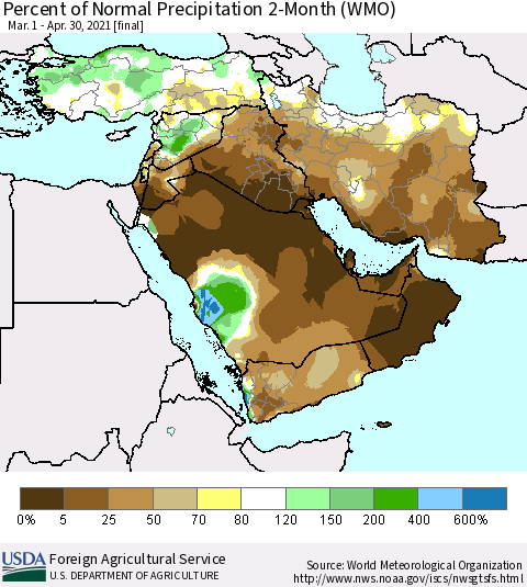 Middle East and Turkey Percent of Normal Precipitation 2-Month (WMO) Thematic Map For 3/1/2021 - 4/30/2021