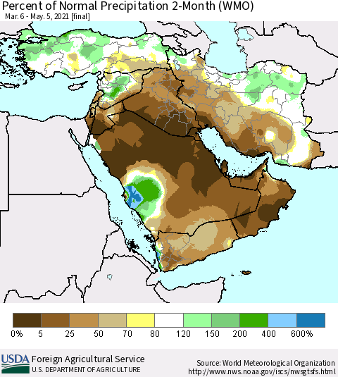 Middle East and Turkey Percent of Normal Precipitation 2-Month (WMO) Thematic Map For 3/6/2021 - 5/5/2021