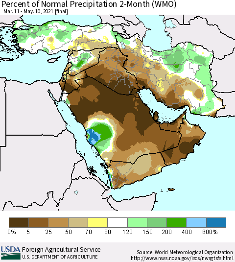 Middle East and Turkey Percent of Normal Precipitation 2-Month (WMO) Thematic Map For 3/11/2021 - 5/10/2021