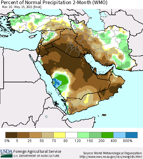 Middle East and Turkey Percent of Normal Precipitation 2-Month (WMO) Thematic Map For 3/16/2021 - 5/15/2021