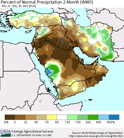 Middle East and Turkey Percent of Normal Precipitation 2-Month (WMO) Thematic Map For 3/21/2021 - 5/20/2021