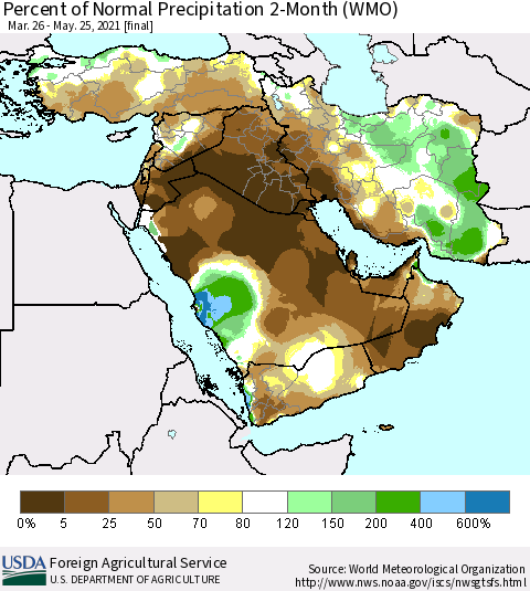Middle East and Turkey Percent of Normal Precipitation 2-Month (WMO) Thematic Map For 3/26/2021 - 5/25/2021