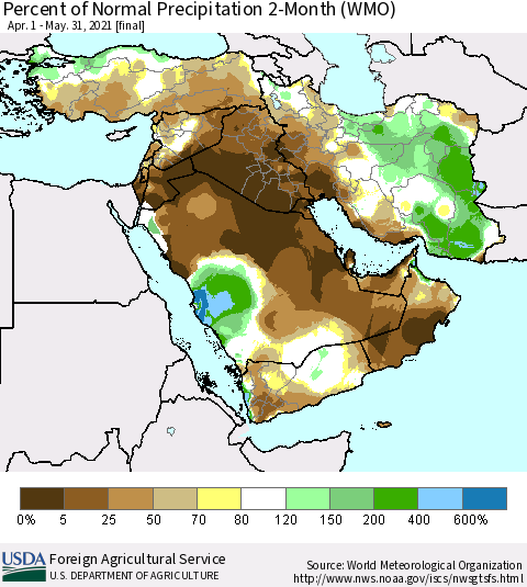 Middle East and Turkey Percent of Normal Precipitation 2-Month (WMO) Thematic Map For 4/1/2021 - 5/31/2021