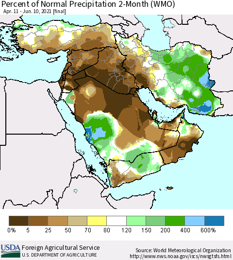 Middle East and Turkey Percent of Normal Precipitation 2-Month (WMO) Thematic Map For 4/11/2021 - 6/10/2021