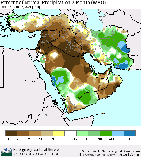 Middle East and Turkey Percent of Normal Precipitation 2-Month (WMO) Thematic Map For 4/16/2021 - 6/15/2021