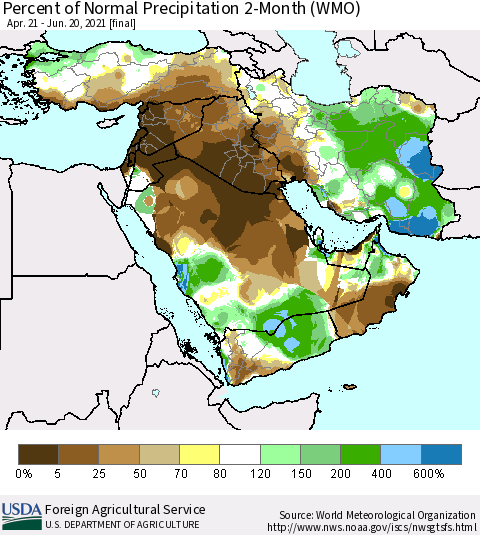 Middle East and Turkey Percent of Normal Precipitation 2-Month (WMO) Thematic Map For 4/21/2021 - 6/20/2021