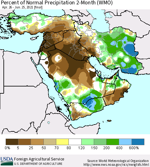 Middle East and Turkey Percent of Normal Precipitation 2-Month (WMO) Thematic Map For 4/26/2021 - 6/25/2021