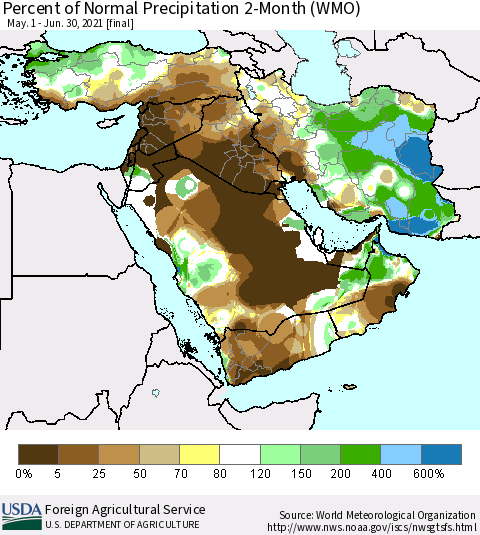 Middle East and Turkey Percent of Normal Precipitation 2-Month (WMO) Thematic Map For 5/1/2021 - 6/30/2021