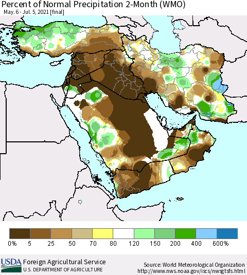 Middle East and Turkey Percent of Normal Precipitation 2-Month (WMO) Thematic Map For 5/6/2021 - 7/5/2021
