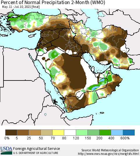 Middle East and Turkey Percent of Normal Precipitation 2-Month (WMO) Thematic Map For 5/11/2021 - 7/10/2021