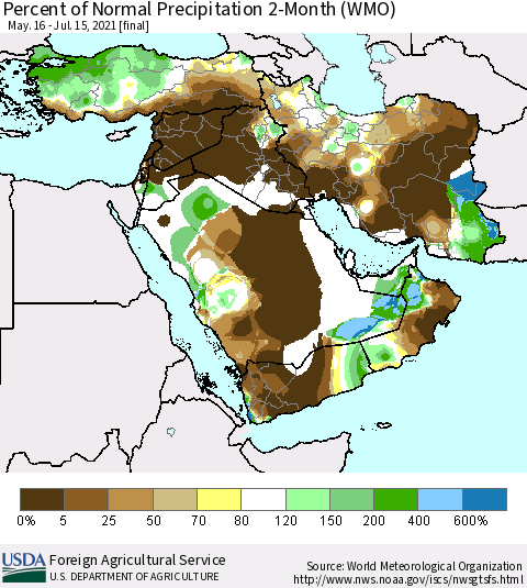 Middle East and Turkey Percent of Normal Precipitation 2-Month (WMO) Thematic Map For 5/16/2021 - 7/15/2021