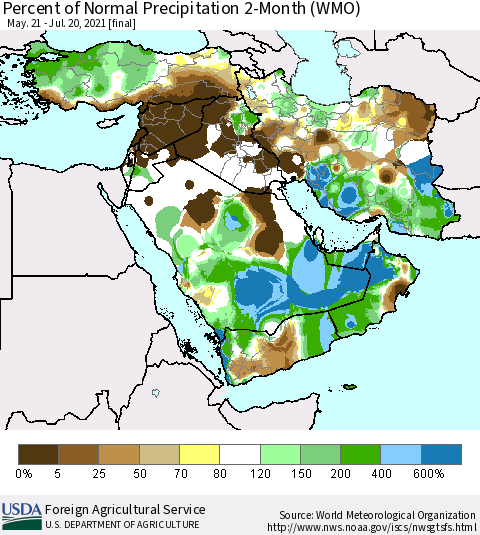 Middle East and Turkey Percent of Normal Precipitation 2-Month (WMO) Thematic Map For 5/21/2021 - 7/20/2021