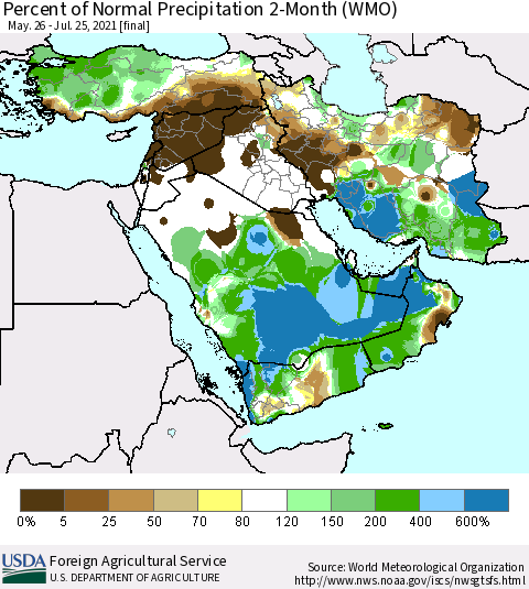 Middle East and Turkey Percent of Normal Precipitation 2-Month (WMO) Thematic Map For 5/26/2021 - 7/25/2021