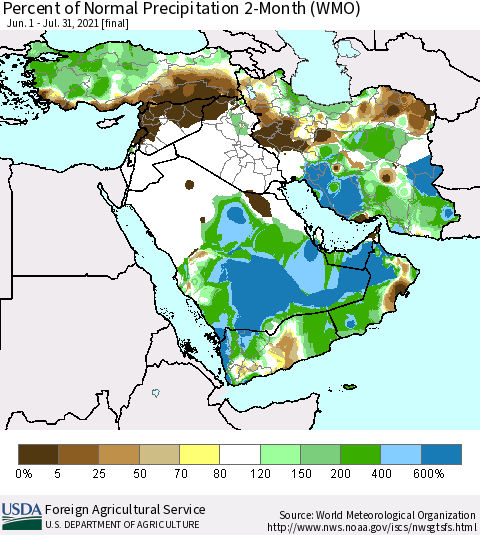 Middle East and Turkey Percent of Normal Precipitation 2-Month (WMO) Thematic Map For 6/1/2021 - 7/31/2021