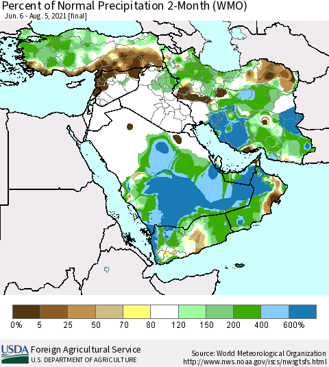 Middle East and Turkey Percent of Normal Precipitation 2-Month (WMO) Thematic Map For 6/6/2021 - 8/5/2021